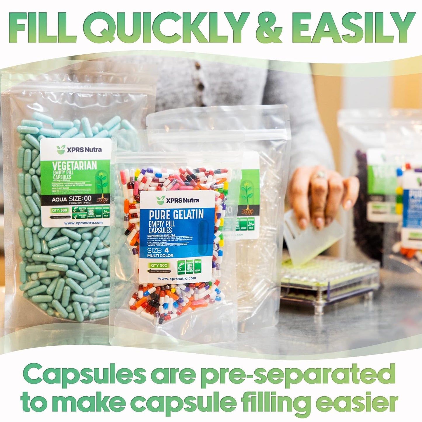 1000 Count XPRS Nutra Gelatin Size 2 Empty Capsules in Bags for DIY Supplement Filling