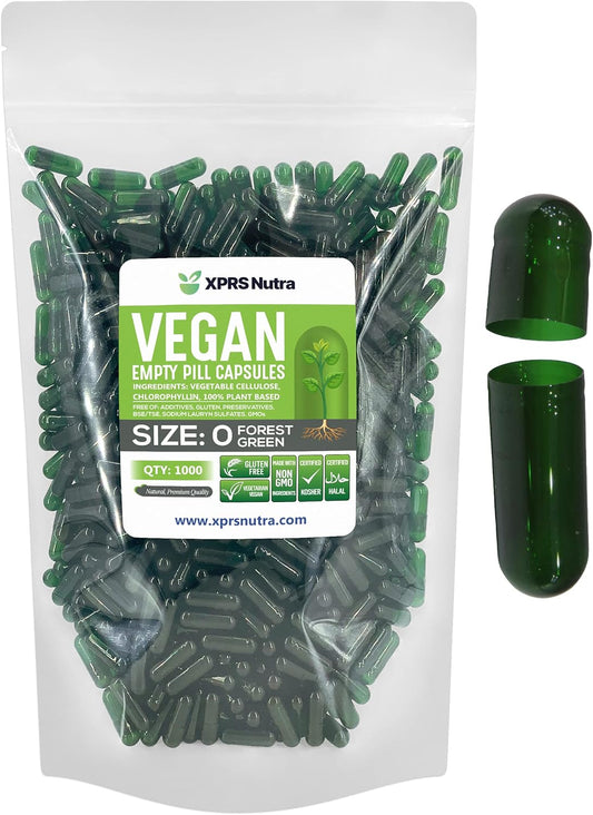 1000 Count XPRS Nutra Size 0 Empty Vegan Capsules for DIY Vegetable Filling - Vegetarian Pill Caps (Clear Green)