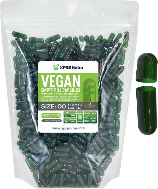 1000 Count XPRS Nutra Size 00 Empty Vegan Capsules in Forest Green - DIY Vegetable Capsule Filling - Vegetarian Pill Capsules