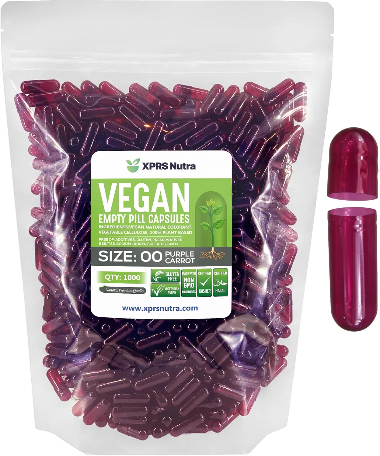 1000 Count XPRS Nutra Size 00 Purple Carrot Vegan Empty Capsules for DIY Vegetable Filling