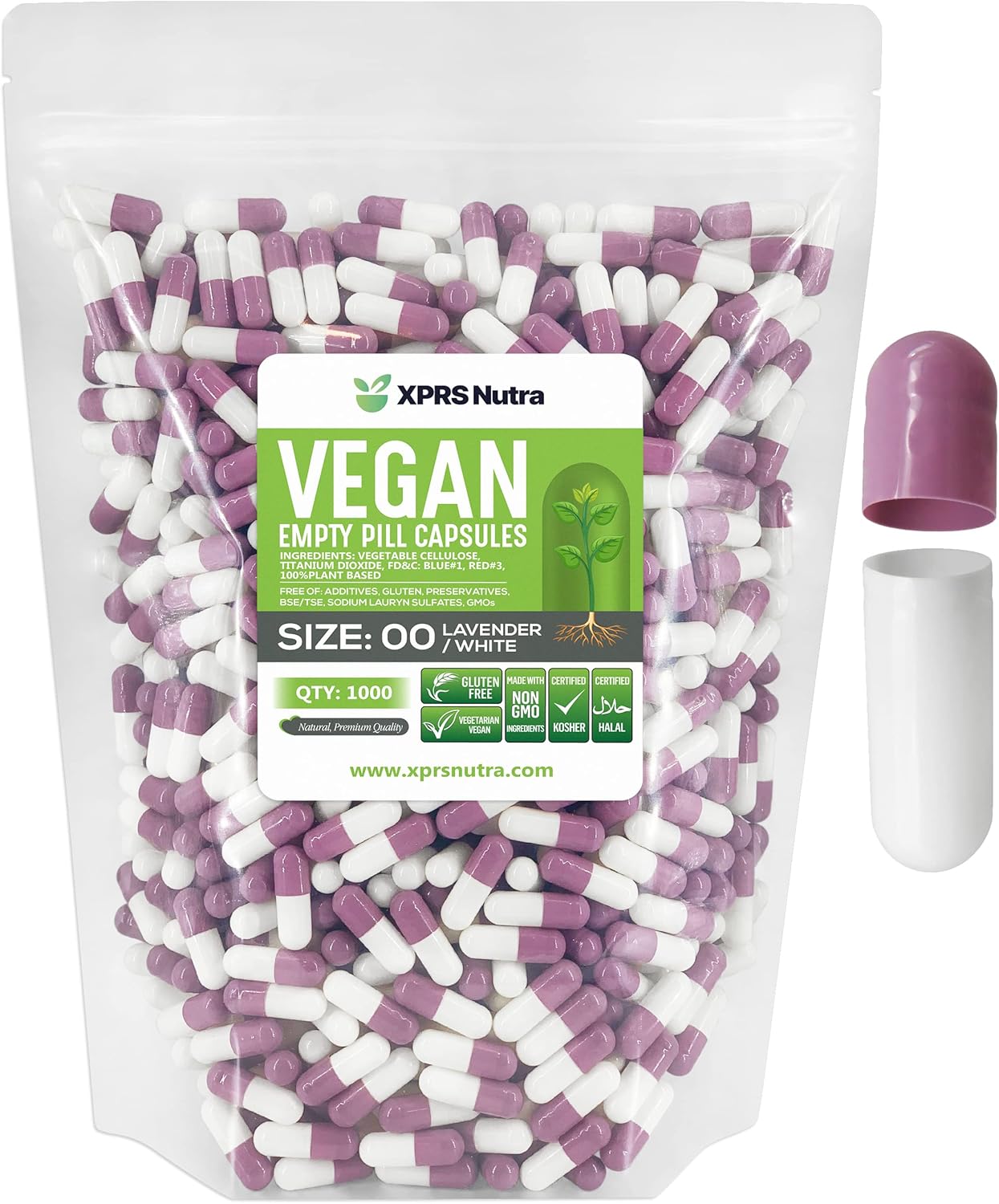 1000 Count XPRS Nutra Size 00 Vegan Empty Capsules for DIY Vegetable Filling - Vegetarian Pill Capsules - Lavender/White