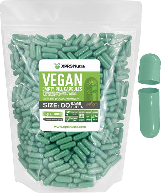 1000 Count XPRS Nutra Size 00 Vegan Empty Capsules - DIY Vegetable Filling - Sage Green Empty Veggie Pill Caps