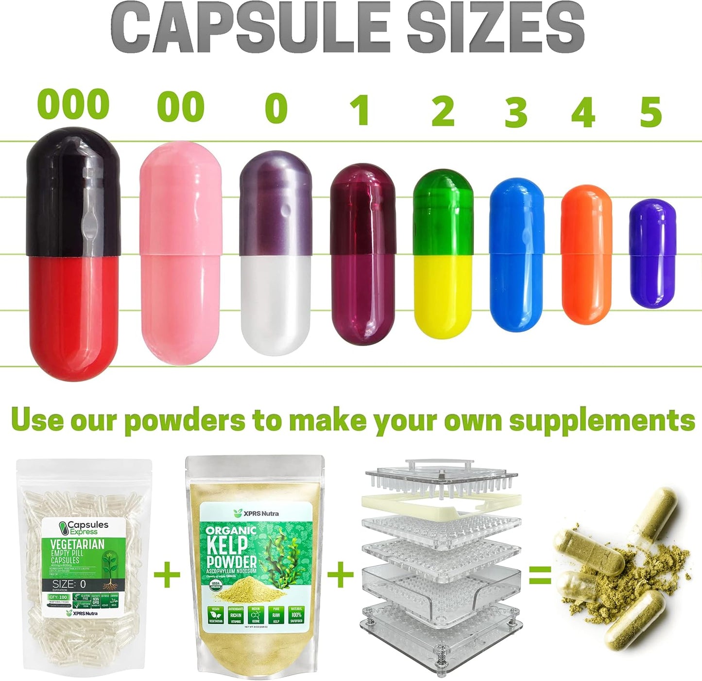 1000 Count XPRS Nutra Size 00 Vegan Empty Capsules - DIY Vegetable Filling - Sage Green Empty Veggie Pill Caps