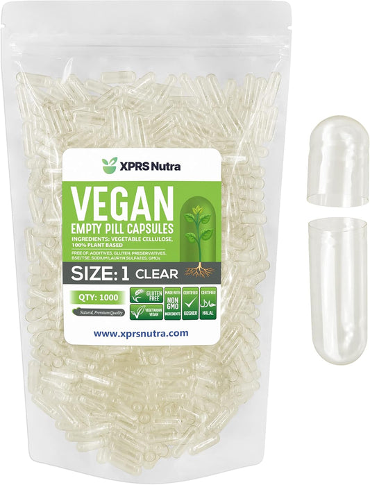 1000 Count XPRS Nutra Size 1 Clear Empty Vegan Capsules for DIY Vegetable Filling