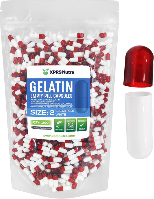 1000 Count XPRS Nutra Size 2 Empty Gelatin Capsules for DIY Capsule Filling - Pure Bovine Pill Capsules in Clear Red/White