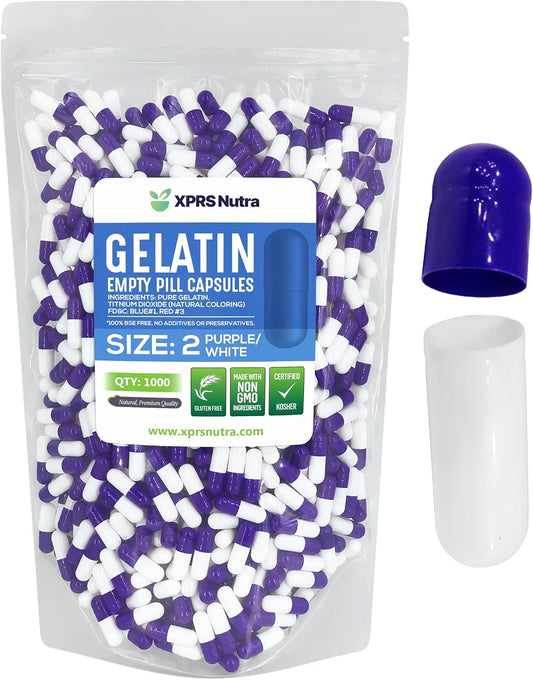 1000 Count XPRS Nutra Size 2 Empty Gelatin Capsules for DIY Capsule Filling - Purple/White Bovine Pill Caps