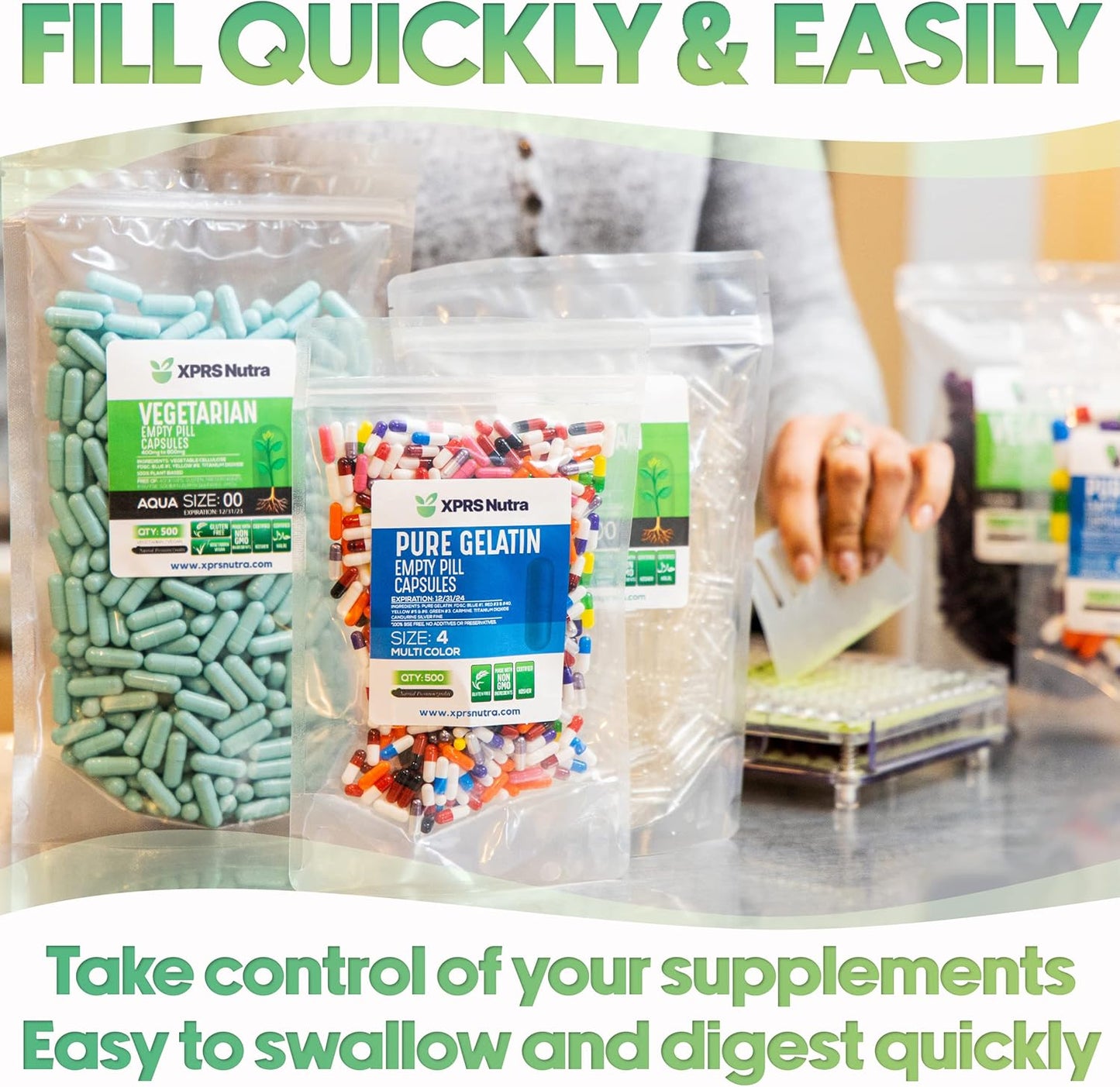 1000 Count XPRS Nutra Size 2 Empty Gelatin Capsules for DIY Capsule Filling - Pure Bovine Pill Capsules