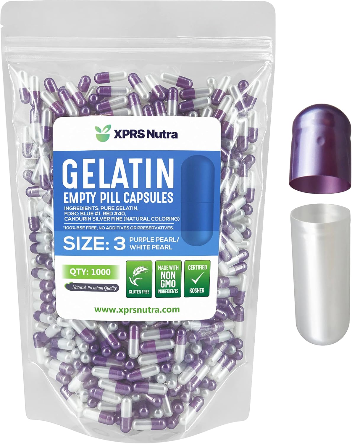 1000 Count XPRS Nutra Size 3 Empty Gelatin Capsules for DIY Capsule Filling - Bovine Pill Capsules - Pearl Purple/White