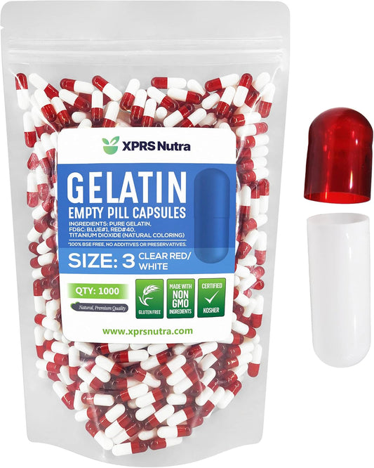 1000 Count XPRS Nutra Size 3 Empty Gelatin Capsules for DIY Capsule Filling - Clear Red/White Bovine Pill Caps
