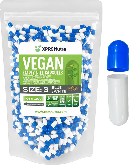 1000 Count XPRS Nutra Size 3 Empty Vegan Capsules for DIY Vegetable Filling - Vegetarian Pill Capsules - Blue/White Veggie Caps