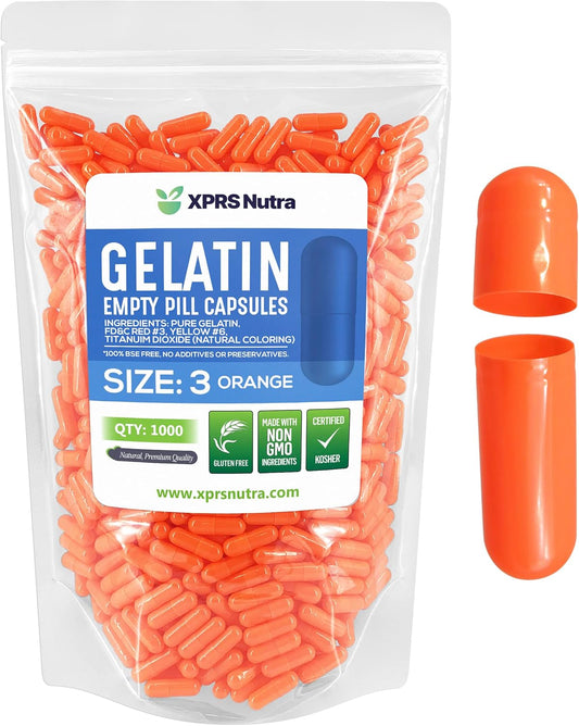 1000 Count XPRS Nutra Size 3 Gelatin Empty Capsules for DIY Capsule Filling - Pure Bovine Gel Caps (Orange)