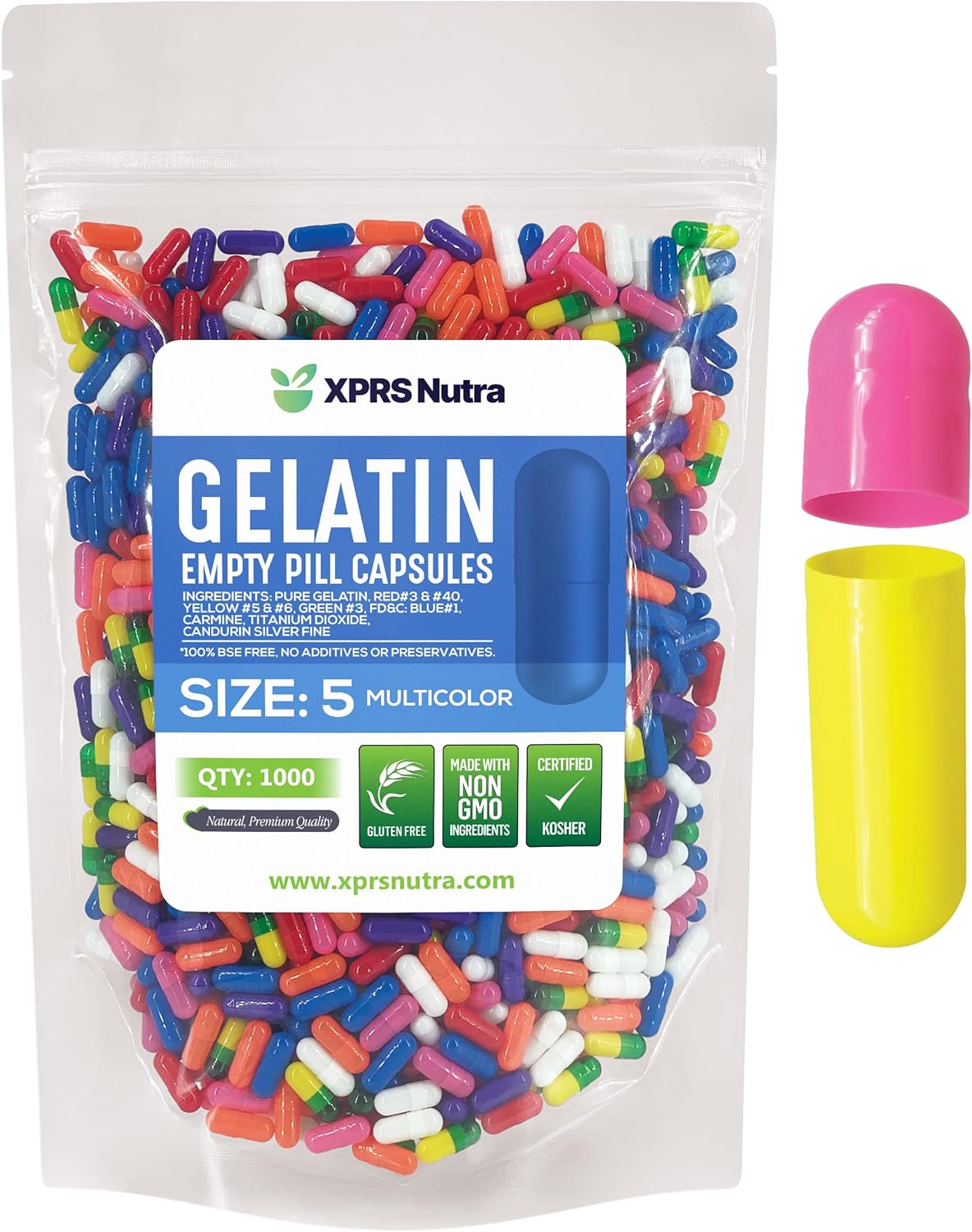 1000 Count XPRS Nutra Size 5 Very Small Empty Gelatin Capsules for DIY Capsule Filling - Fillable Pill Capsules - Multi Color