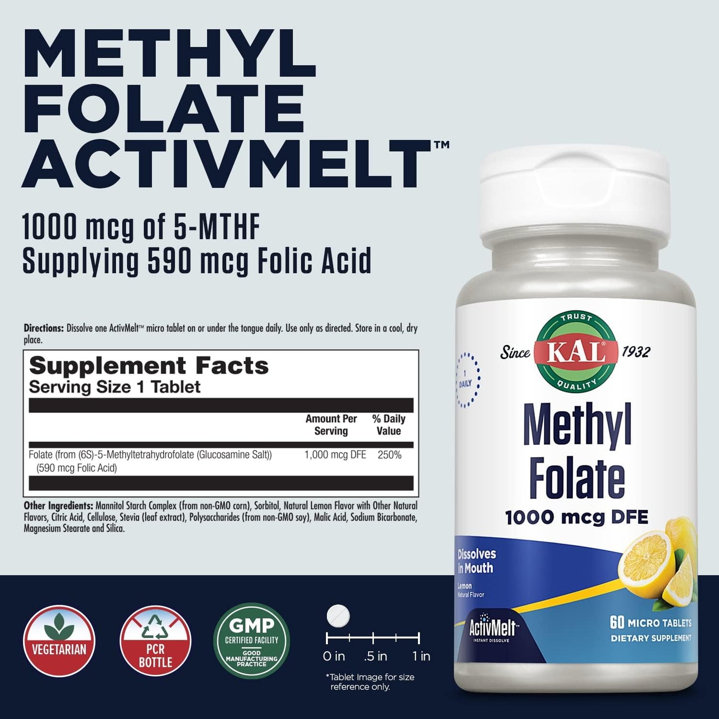 1000 mcg Methyl Folate 5-MTHF ActivMelt Tablets, Vegetarian Folic Acid Supplement for Heart, Prenatal, Mood & Brain Support - 60 Servings