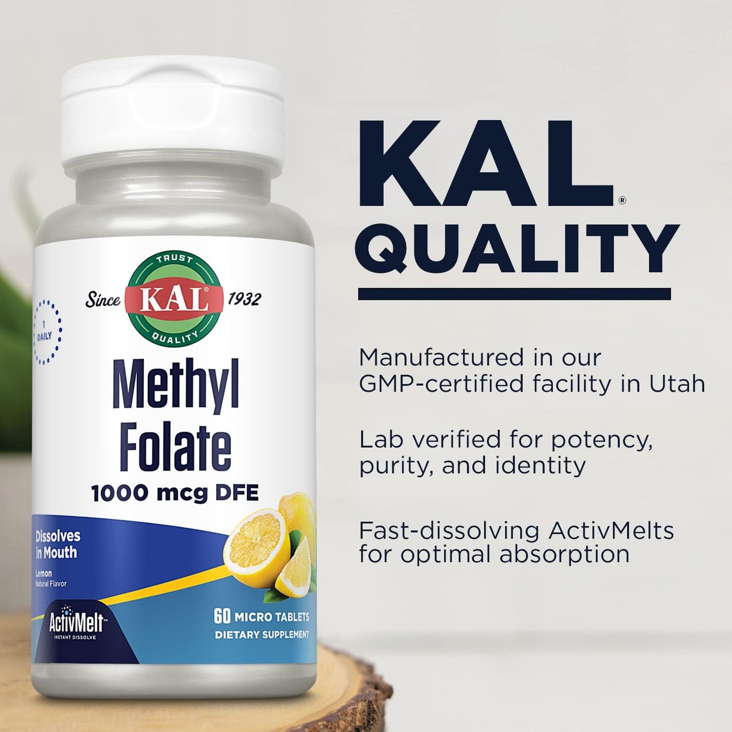 1000 mcg Methyl Folate 5-MTHF ActivMelt Tablets, Vegetarian Folic Acid Supplement for Heart, Prenatal, Mood & Brain Support - 60 Servings