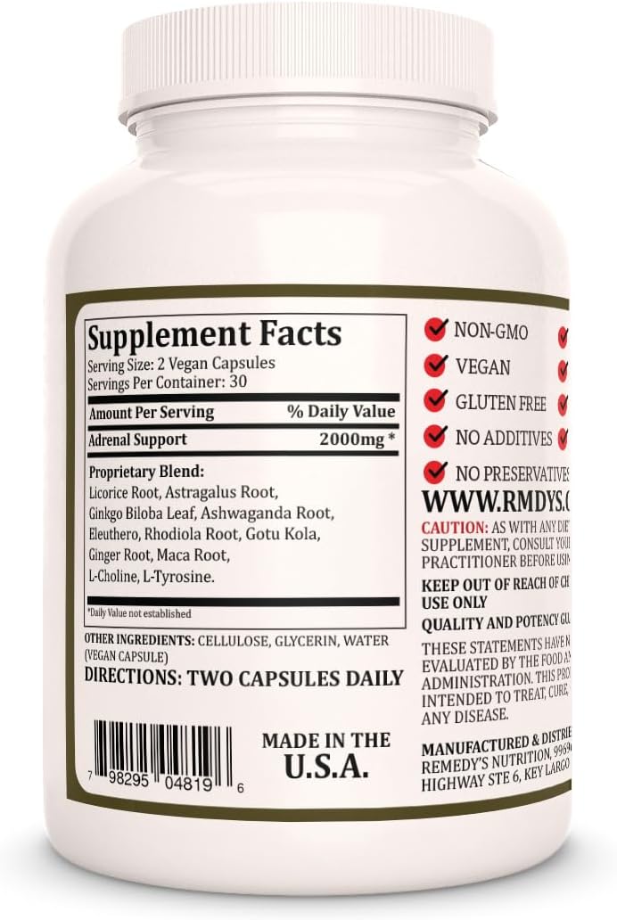 1,000 mg Adrenal Support Herbal Dietary Supplement | 60 Vegan Capsules | Non-GMO, Gluten Free, Dairy Free