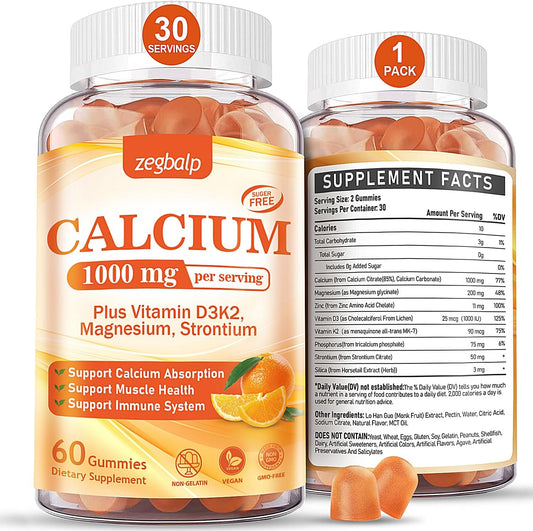 1000 mg Calcium Citrate Gummies with Vitamin D3, K2, Magnesium & Strontium - Supports Bone Health & Immune System for Adults