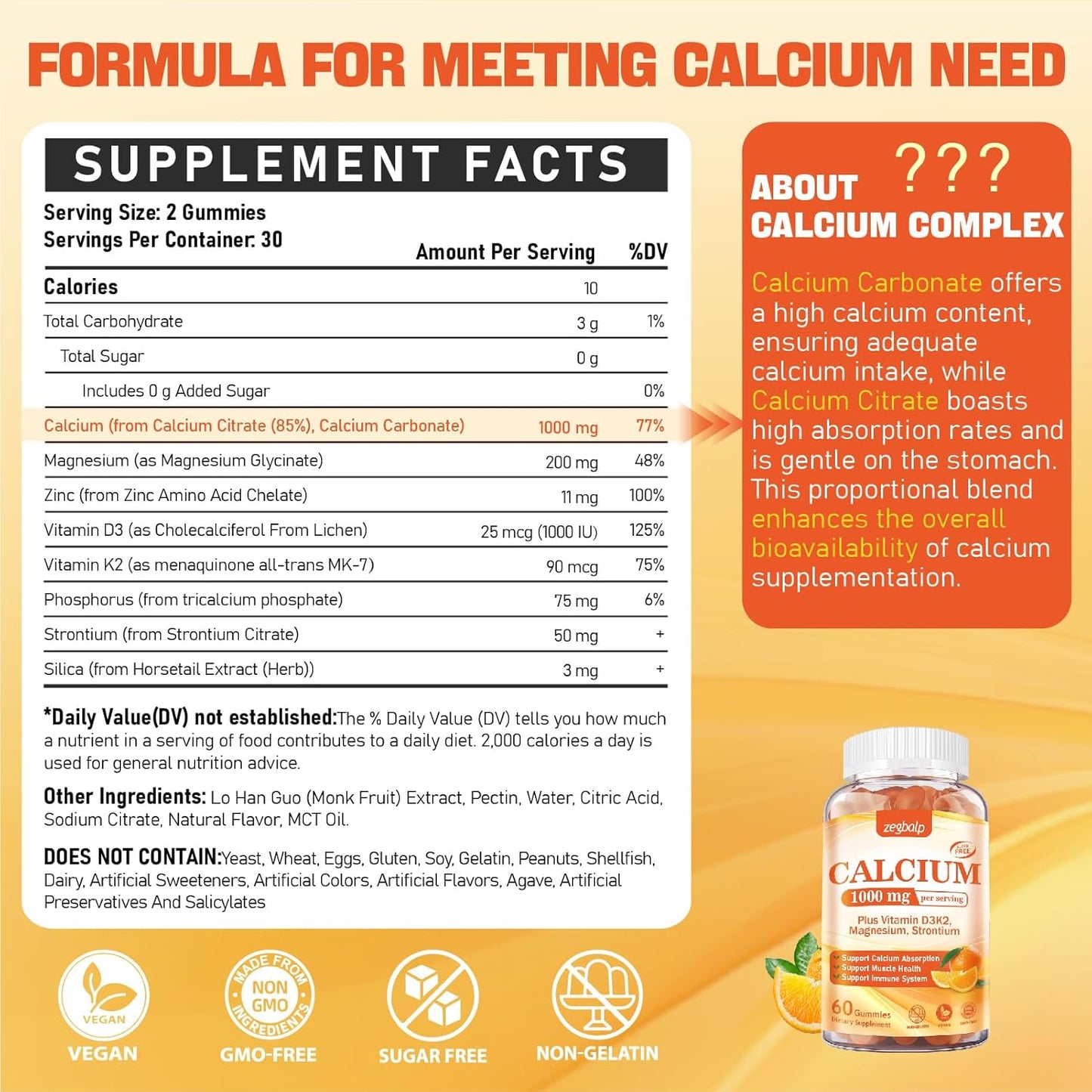 1000 mg Calcium Citrate Gummies with Vitamin D3, K2, Magnesium & Strontium - Supports Bone Health & Immune System for Adults