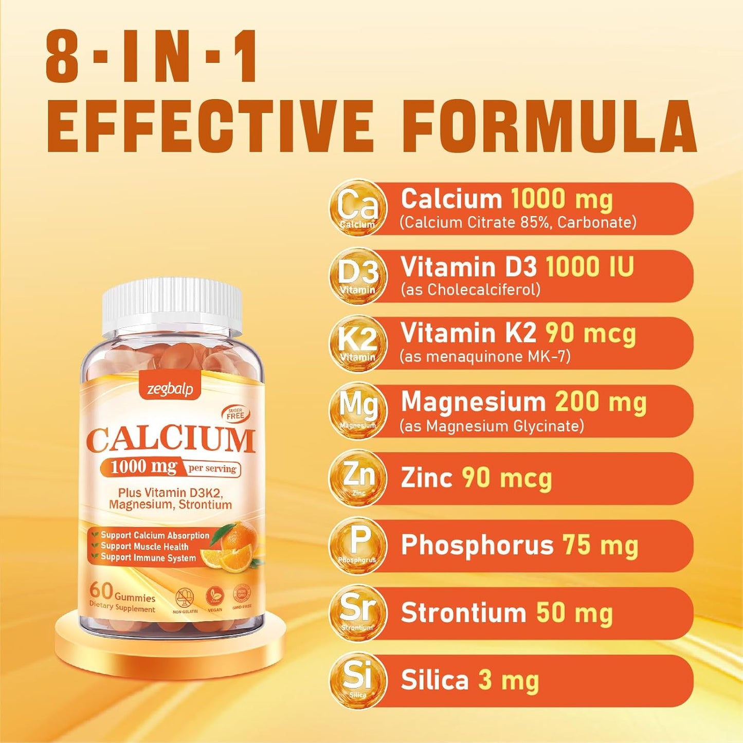 1000 mg Calcium Citrate Gummies with Vitamin D3, K2, Magnesium & Strontium - Supports Bone Health & Immune System for Adults
