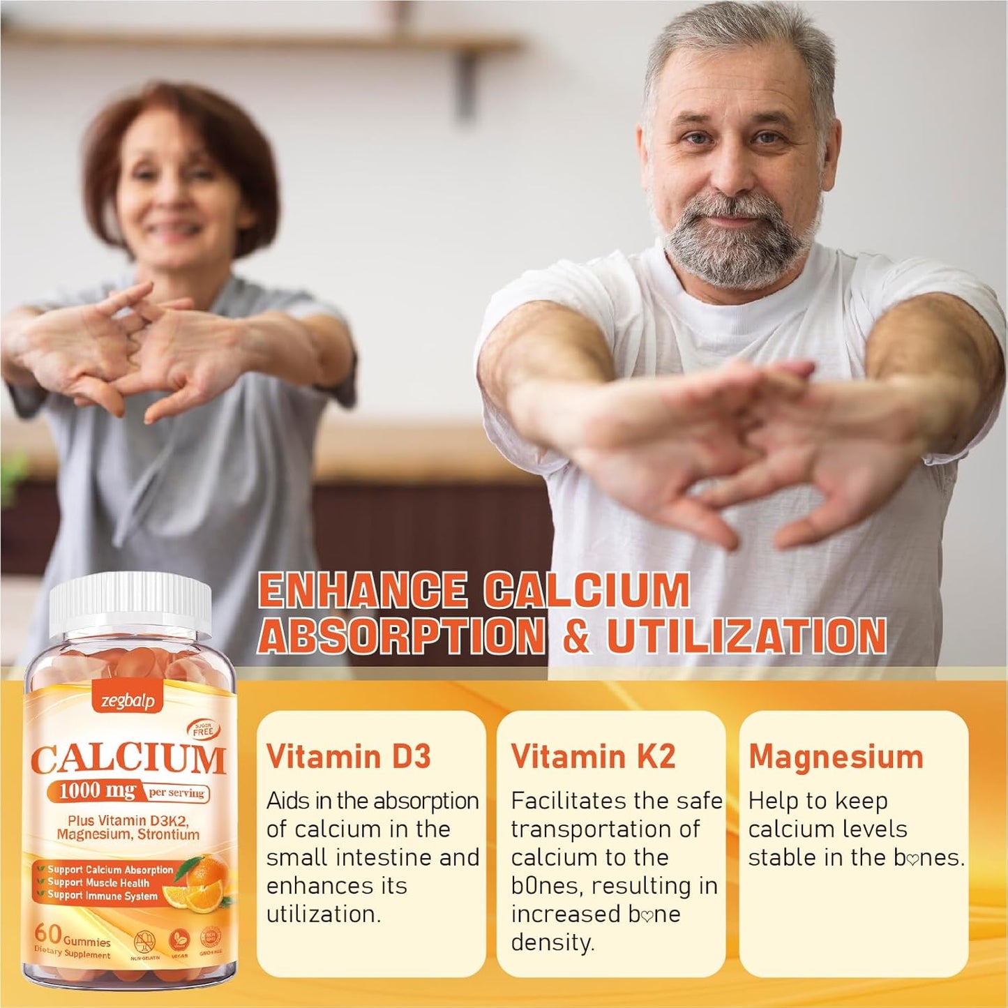 1000 mg Calcium Citrate Gummies with Vitamin D3, K2, Magnesium & Strontium - Supports Bone Health & Immune System for Adults