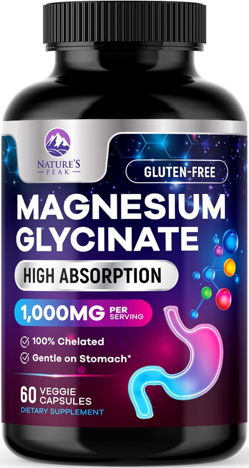 1000 mg Magnesium Glycinate Supplement for Muscle, Heart, Bone, Energy, Nerve Health - Nature's Peak Pure Magnesium Pills for Women & Men - 60 Vegan Capsules