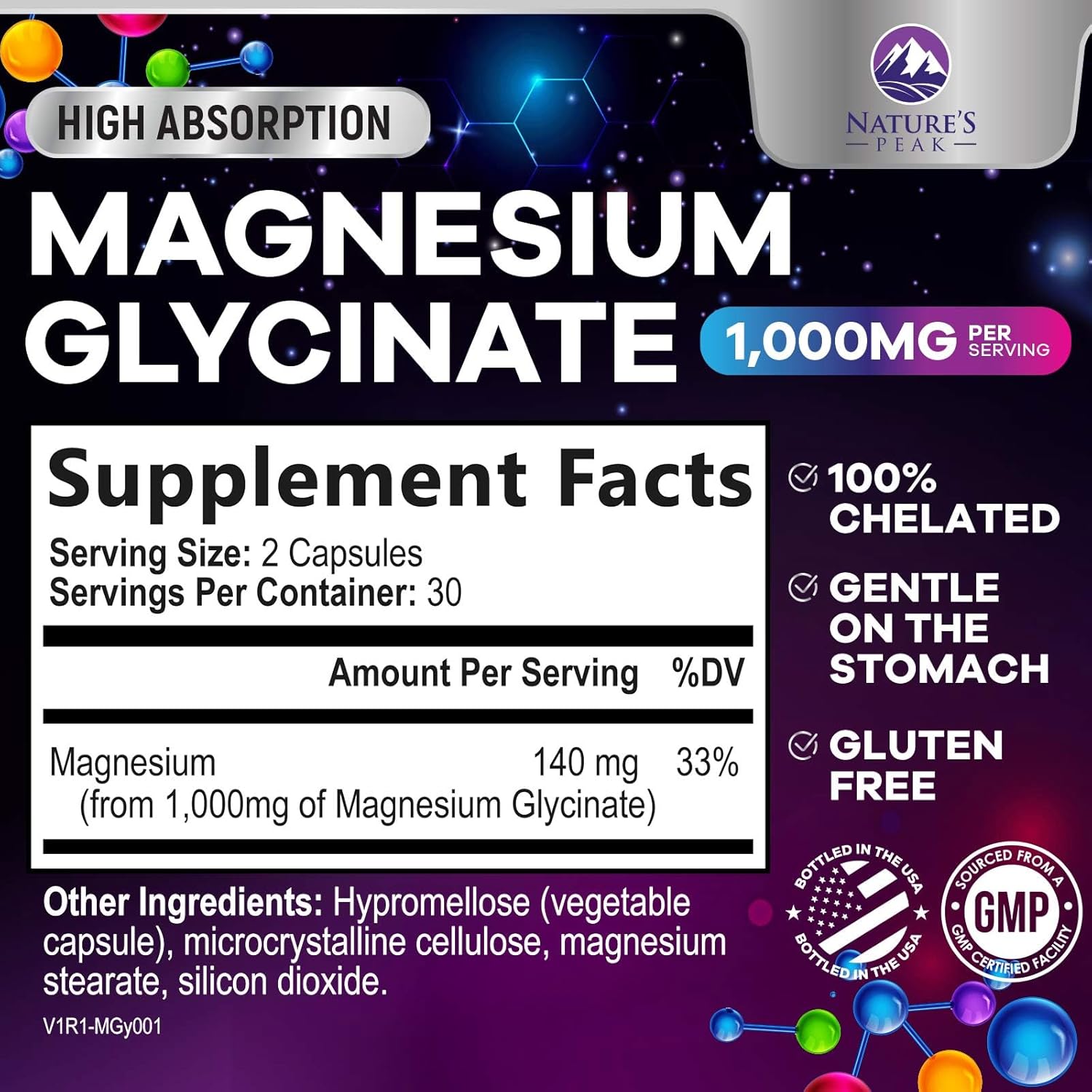 1000 mg Magnesium Glycinate Supplement for Muscle, Heart, Bone, Energy, Nerve Health - Nature's Peak Pure Magnesium Pills for Women & Men - 60 Vegan Capsules