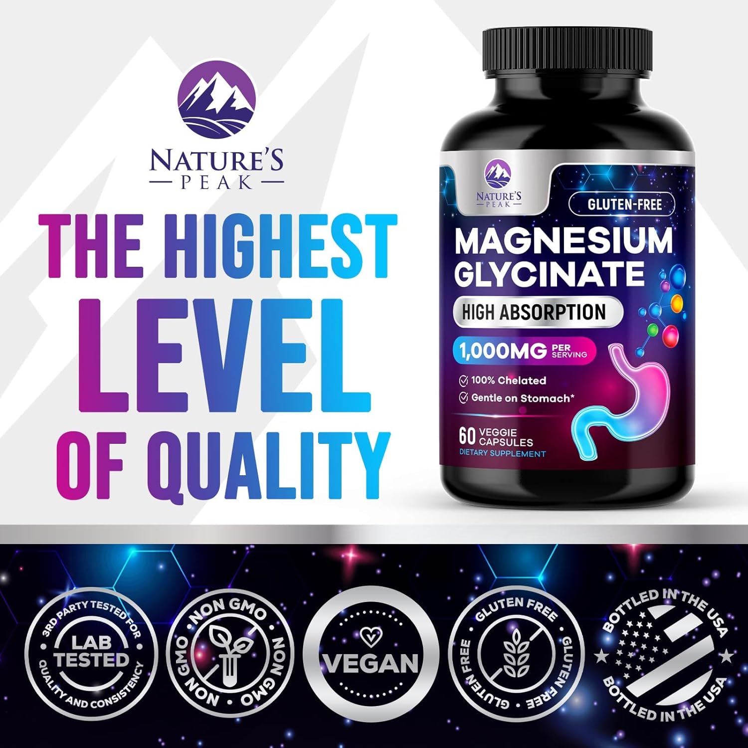 1000 mg Magnesium Glycinate Supplement for Muscle, Heart, Bone, Energy, Nerve Health - Nature's Peak Pure Magnesium Pills for Women & Men - 60 Vegan Capsules