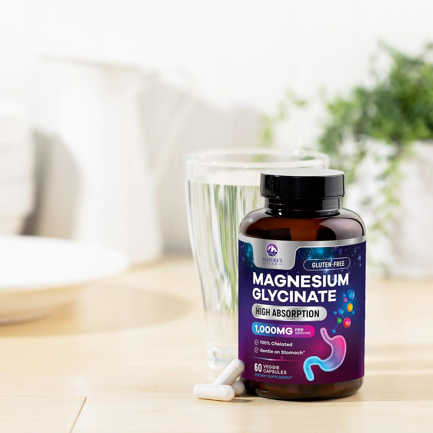 1000 mg Magnesium Glycinate Supplement for Muscle, Heart, Bone, Energy, Nerve Health - Nature's Peak Pure Magnesium Pills for Women & Men - 60 Vegan Capsules