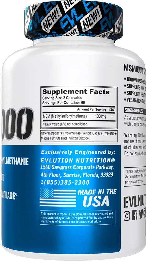 1000 MG Methylsulfonylmethane Supplement for Joint & Cartilage Health - Vegan Capsules - Non-GMO - 60 Servings