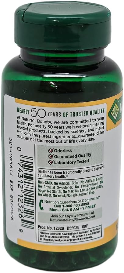1000 mg Nature's Bounty Garlic Extract Softgels for Heart Health & Cholesterol Support - 100 Rapid Release Capsules
