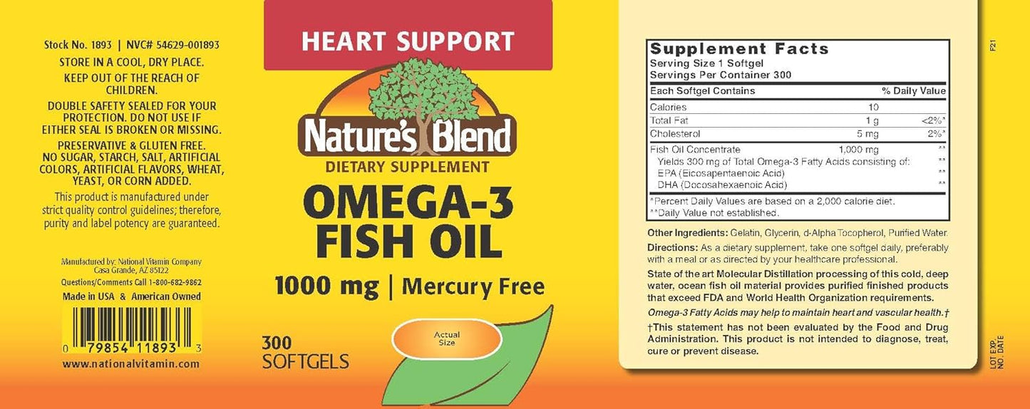 1000 mg Omega-3 Fish Oil Softgels - 300 Count by Nature's Blend