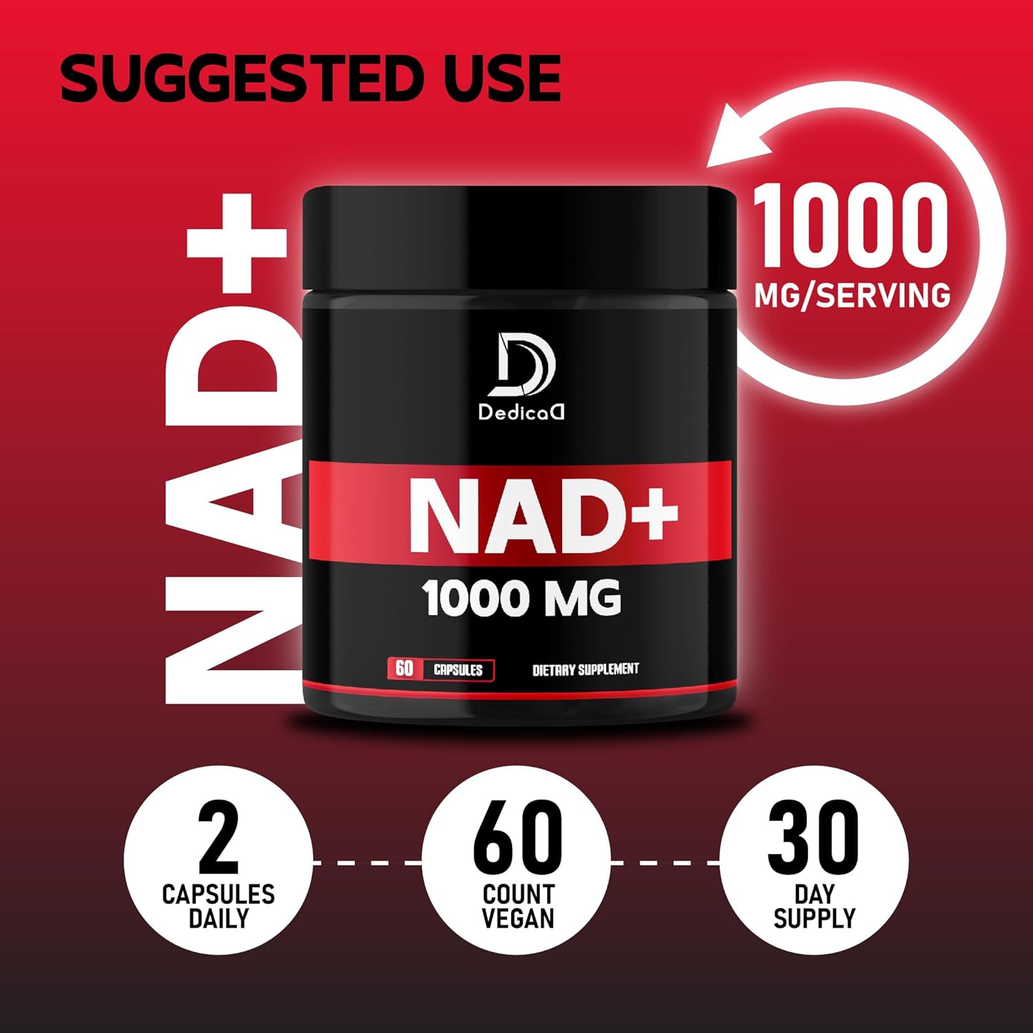 1000 mg Pure NAD+ Supplement for Energy, DNA Repair, and Brain Function - 60 Capsules