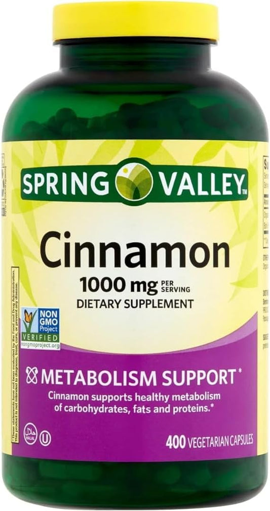 1000 mg ResMask Spring Valley Cinnamon Supplement for Metabolism Support - 400 Vegetarian Capsules with Sticker