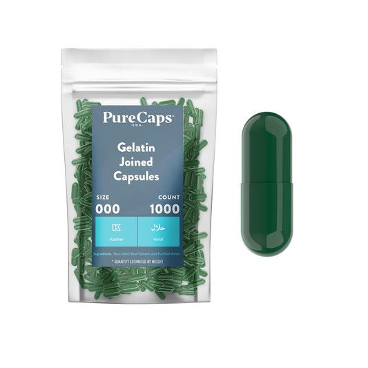 1,000 Size 000 Empty Green Gelatin Capsules by Purecaps USA - Fast Dissolving, Easily Digestible, Preservative Free with Natural Ingredients