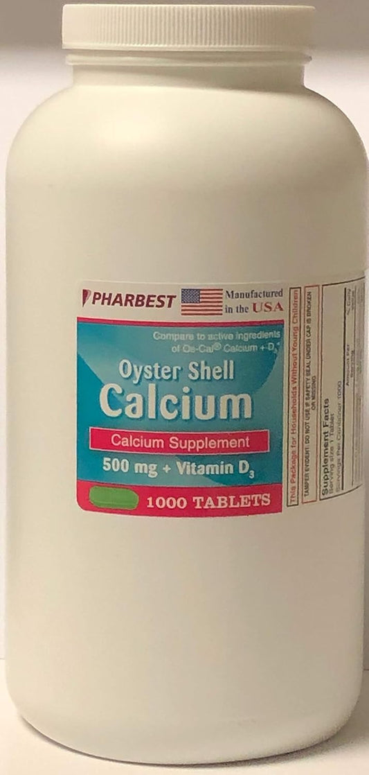 1,000 Tablets AEE Oyster Shell Calcium 500 mg + Vitamin D Supplement for Bone Health