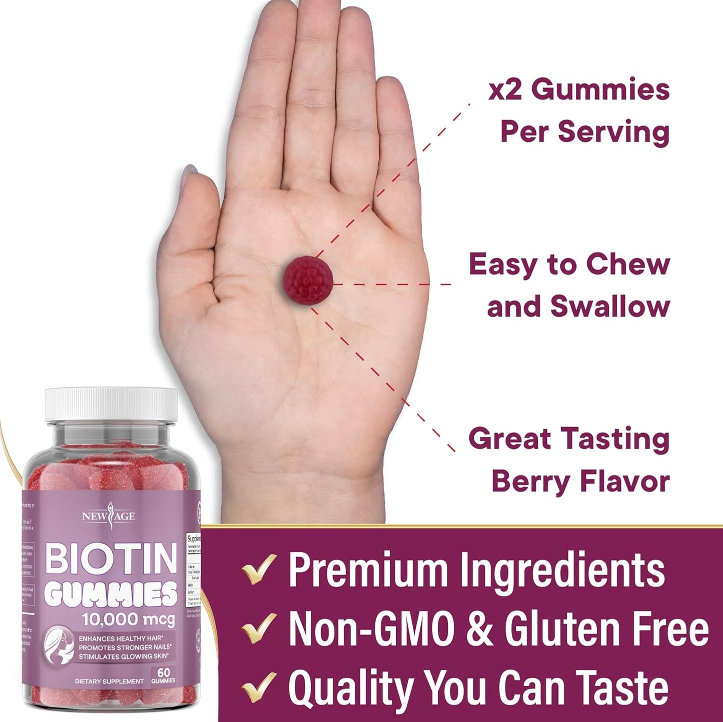 10,000 mcg Biotin Gummies for Hair, Skin & Nails - Non-GMO, Made in USA - 120 Count