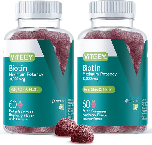 10,000mcg Biotin Gummies for Hair, Skin, Nails - Hair Growth, Healthy Glow, Strong Nails - Vegan, Gluten-Free, Gelatin-Free, GMO-Free - Raspberry Flavor