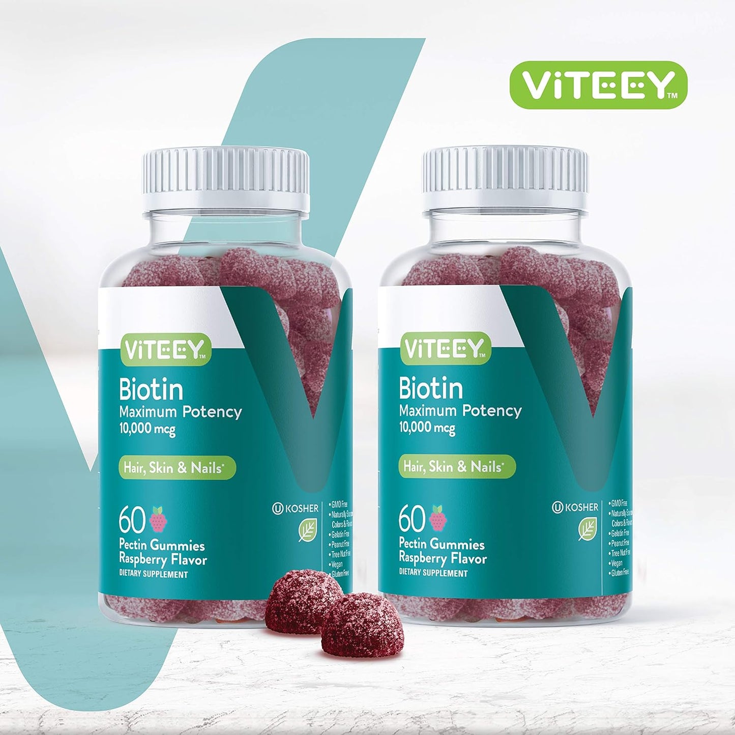10,000mcg Biotin Gummies for Hair, Skin, Nails - Hair Growth, Healthy Glow, Strong Nails - Vegan, Gluten-Free, Gelatin-Free, GMO-Free - Raspberry Flavor