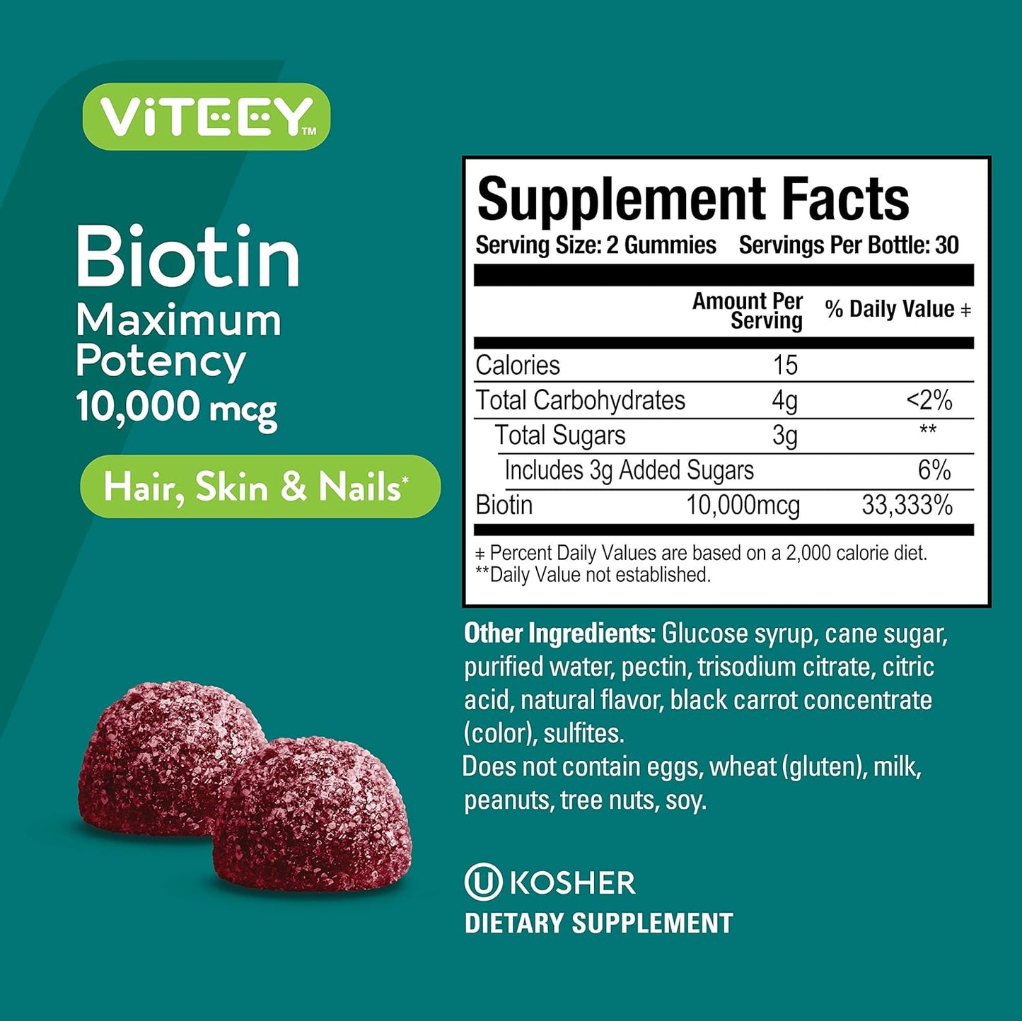 10,000mcg Biotin Gummies for Hair, Skin, Nails - Hair Growth, Healthy Glow, Strong Nails - Vegan, Gluten-Free, Gelatin-Free, GMO-Free - Raspberry Flavor