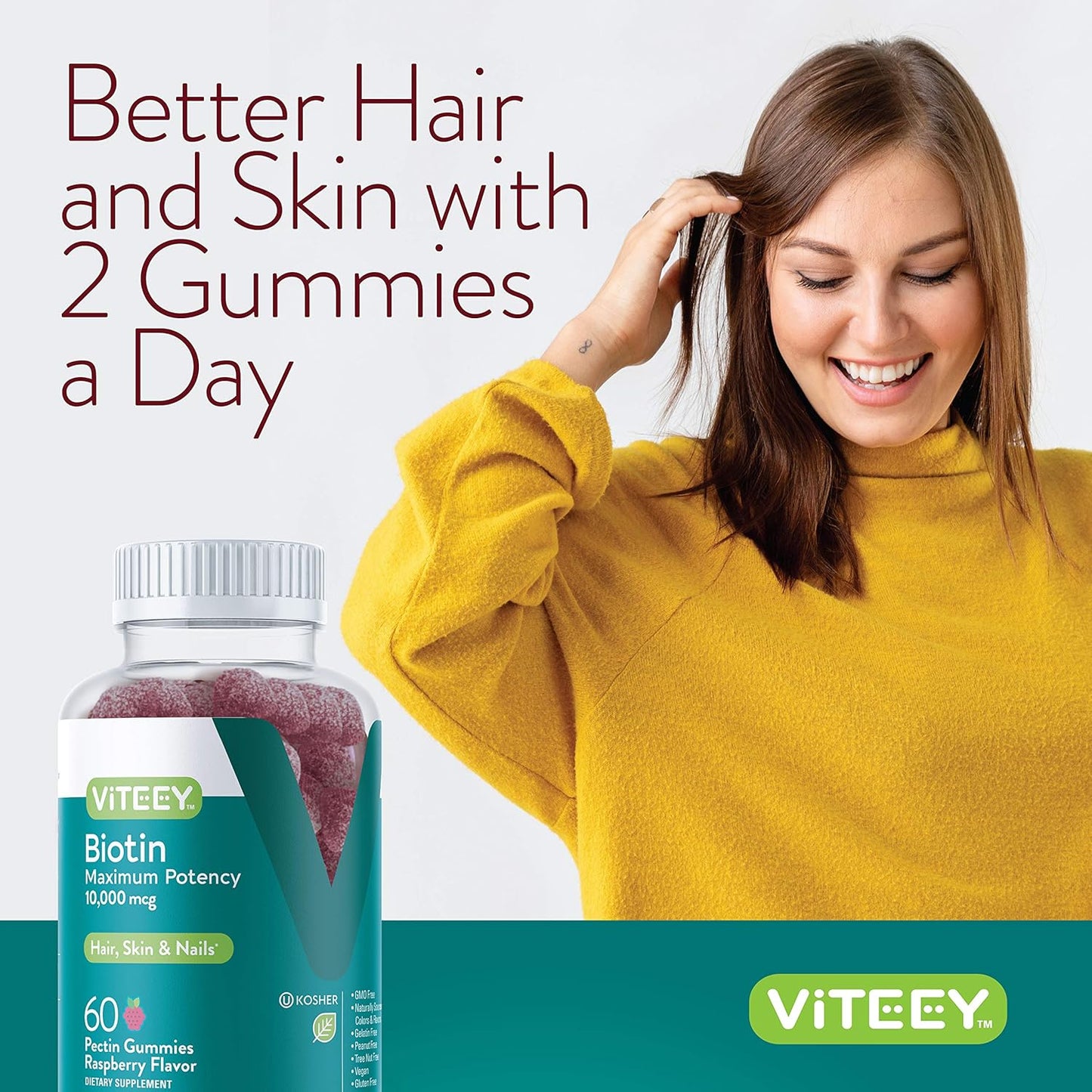 10,000mcg Biotin Gummies for Hair, Skin, Nails - Hair Growth, Healthy Glow, Strong Nails - Vegan, Gluten-Free, Gelatin-Free, GMO-Free - Raspberry Flavor