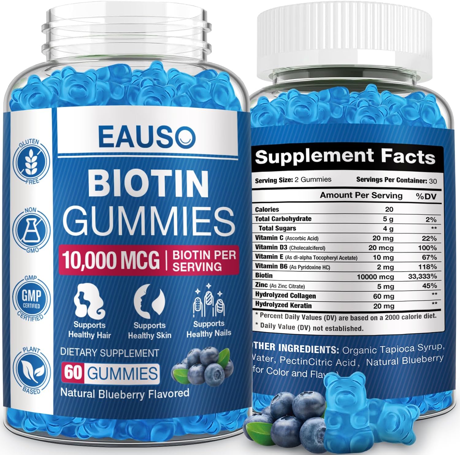 10,000mcg Extra Strength Biotin Gummies for Hair, Skin & Nails - 60 Vegan Non-GMO Gummies - Health Supplement