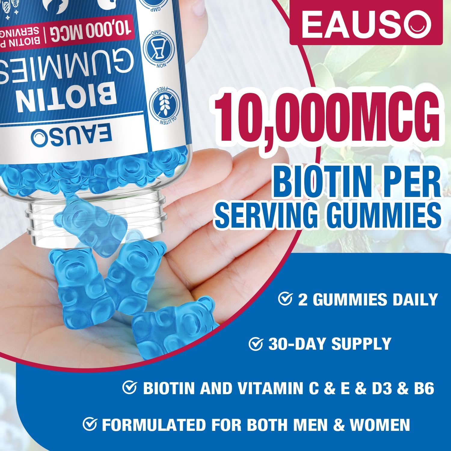 10,000mcg Extra Strength Biotin Gummies for Hair, Skin & Nails - 60 Vegan Non-GMO Gummies - Health Supplement