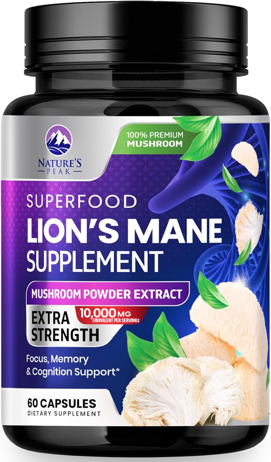 10,000mg Lions Mane Mushroom Capsules for Memory, Focus, Brain & Immune Support - 60 Capsules, Non-GMO