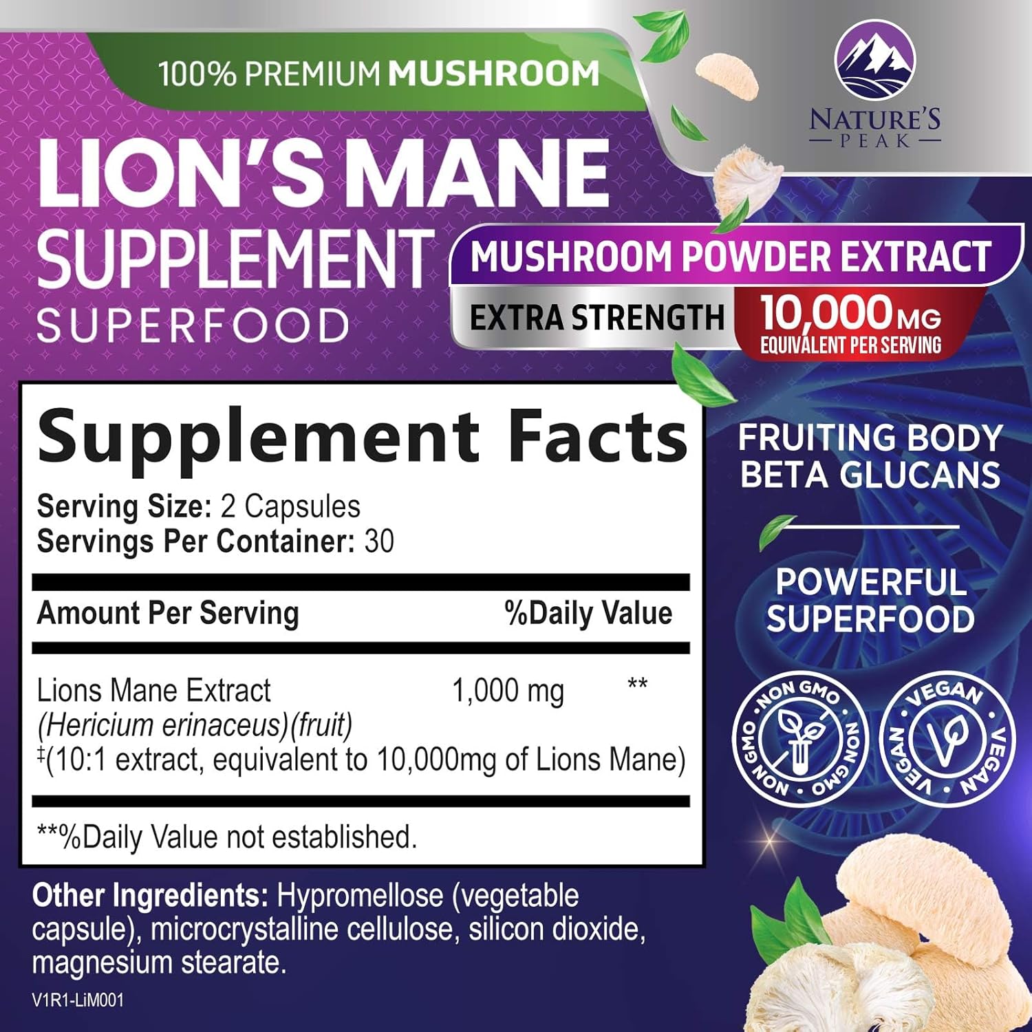 10,000mg Lions Mane Mushroom Capsules for Memory, Focus, Brain & Immune Support - 60 Capsules, Non-GMO