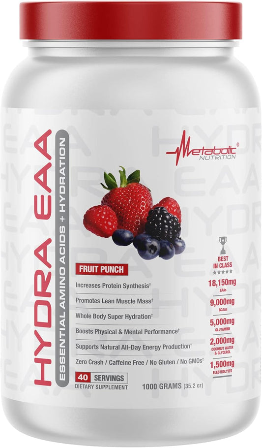 1000g Metabolic Nutrition Hydra EAA: Essential Amino Acids + Hydration, EAAs, BCAAs, Glutamine, Electrolytes, Coconut Water & Glycerol - Fruit Punch Flavor