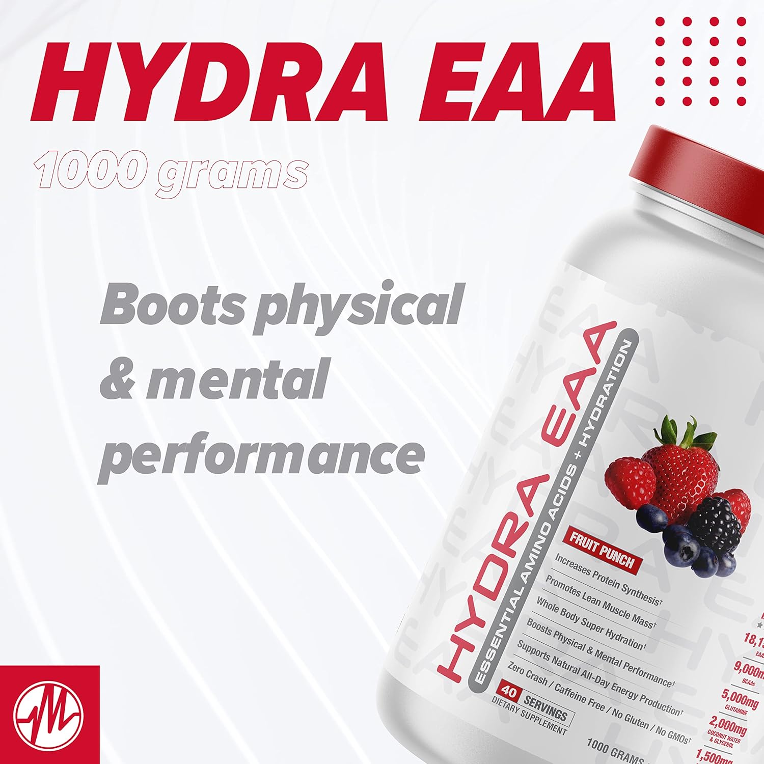 1000g Metabolic Nutrition Hydra EAA: Essential Amino Acids + Hydration, EAAs, BCAAs, Glutamine, Electrolytes, Coconut Water & Glycerol - Fruit Punch Flavor