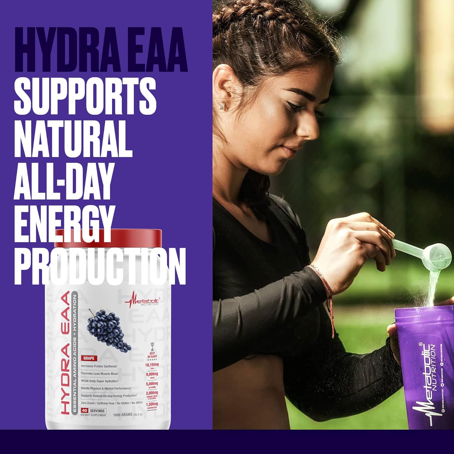 1000g Metabolic Nutrition Hydra EAA: Essential Amino Acids + Hydration, EAAs, BCAAs, Glutamine, Electrolytes, Coconut Water & Glycerol - Fruit Punch Flavor