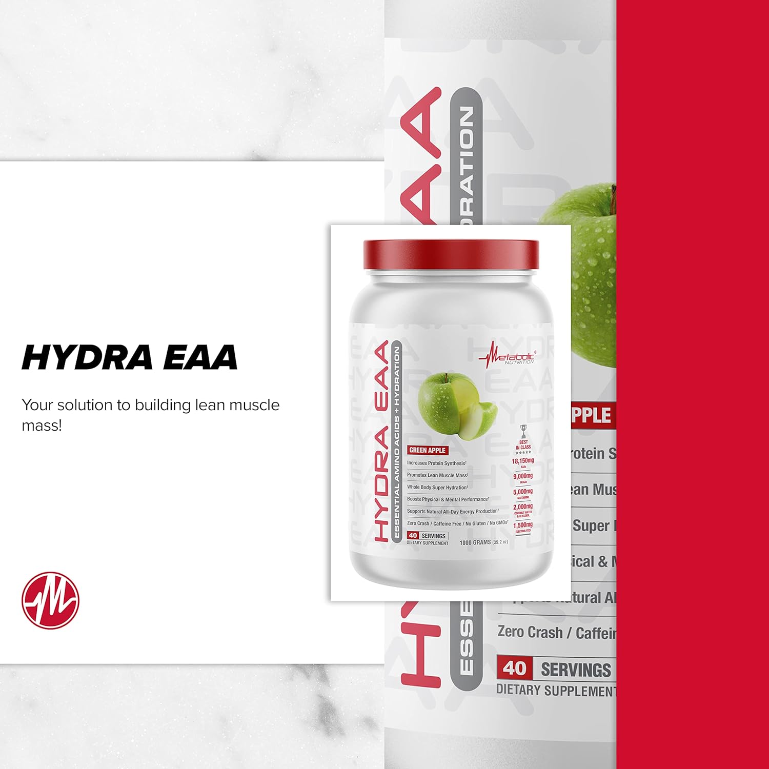1000g Metabolic Nutrition Hydra EAA: Essential Amino Acids + Hydration, EAAs, BCAAs, Glutamine, Electrolytes, Coconut Water & Glycerol - Fruit Punch Flavor