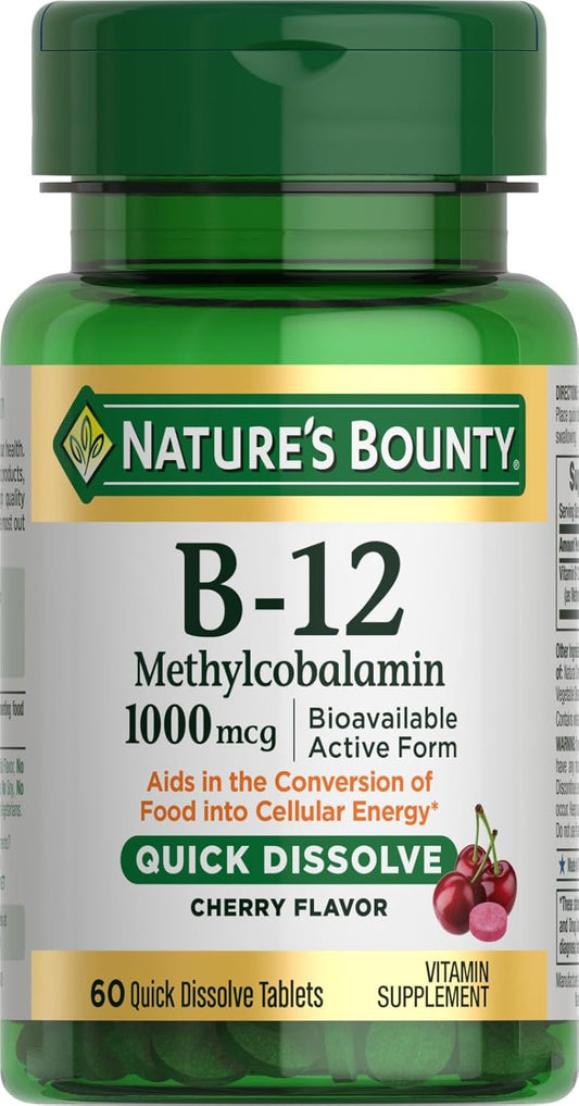 1000mcg Nature's Bounty Vitamin B-12 Quick Dissolve Tablets, Cherry Flavor, 60ct, Supports Cellular Energy Conversion