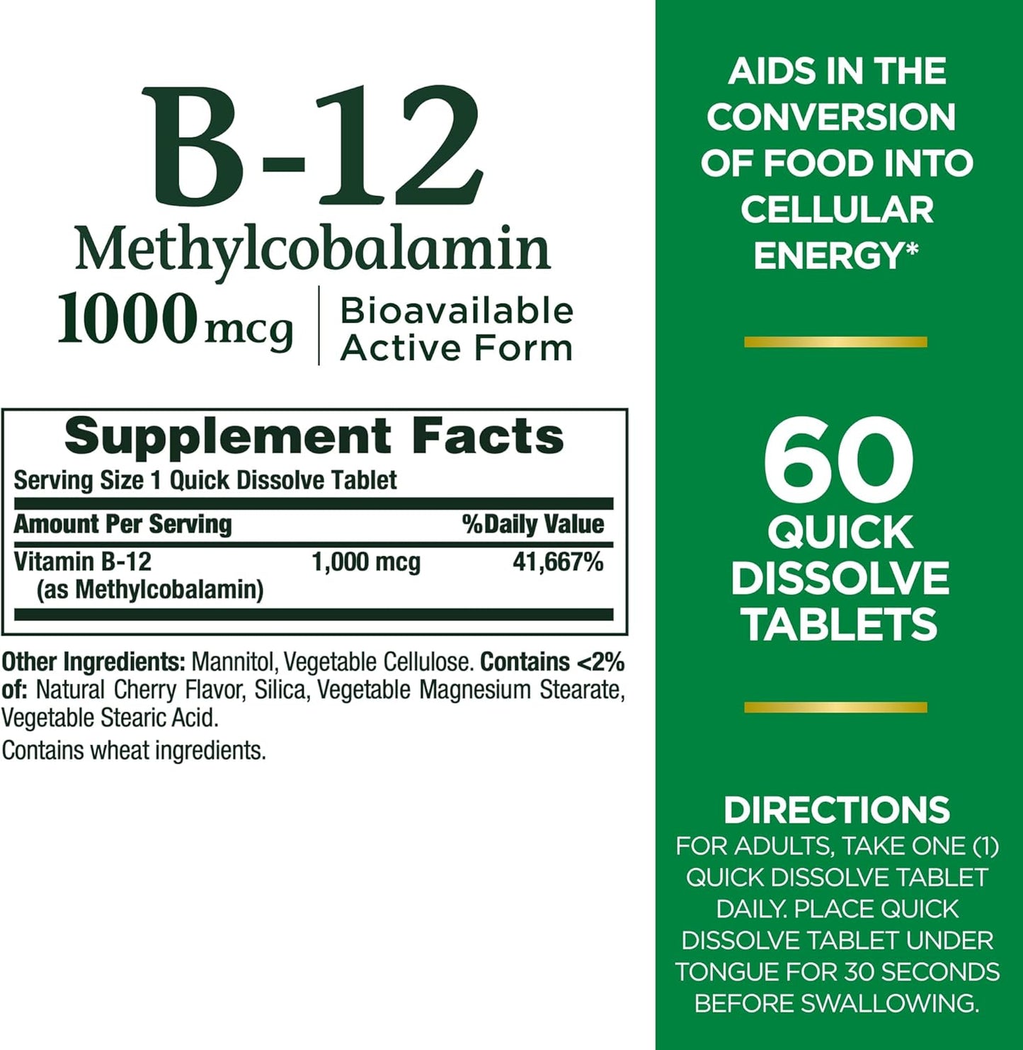 1000mcg Nature's Bounty Vitamin B-12 Quick Dissolve Tablets, Cherry Flavor, 60ct, Supports Cellular Energy Conversion