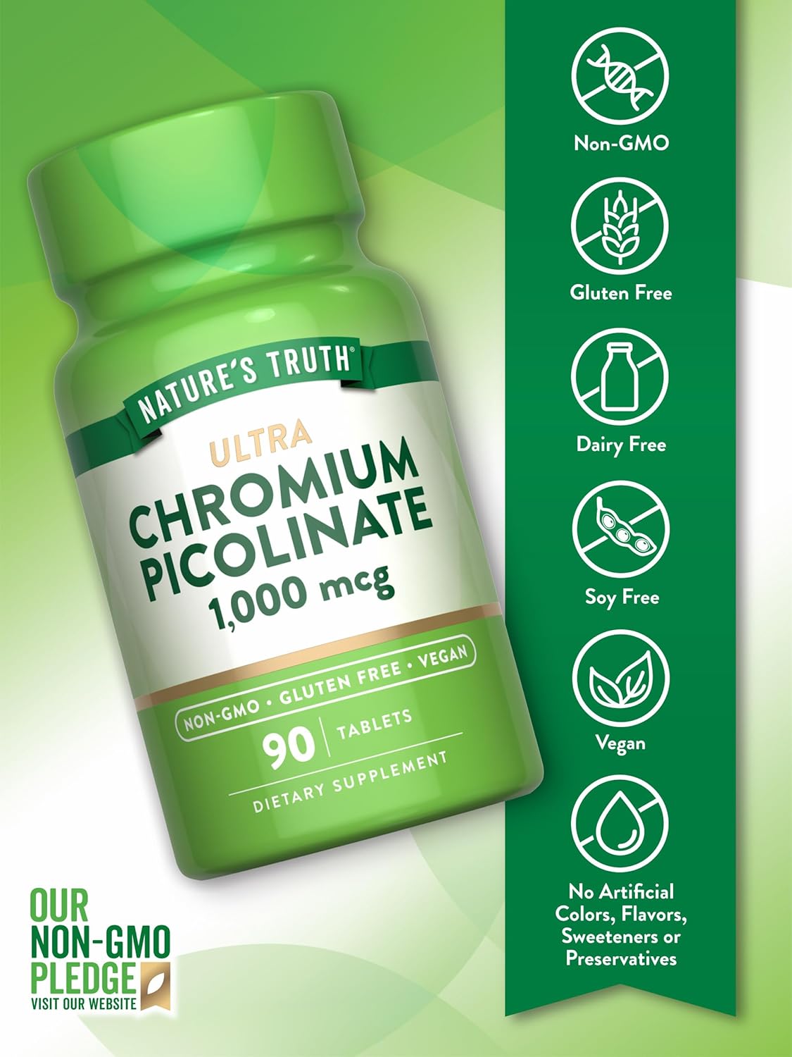 1000mcg Ultra Chromium Picolinate Supplement | 90 Tablets | Vegan, Non-GMO & Gluten Free by Nature's Truth